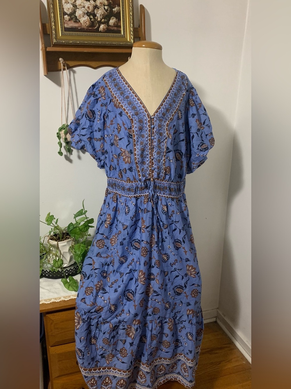 LEA NWT Floral Boho Cotton Smocked Waist Maxi Plus Dress 2x Pockets! 100% Cotton